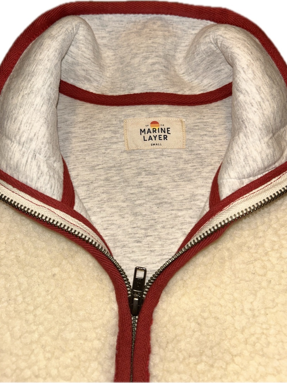 Marine Layer Corbet Cream Sherpa Teddy 1/4 Zip Sweater Jacket Red Orange Trim S - Picture 7 of 9